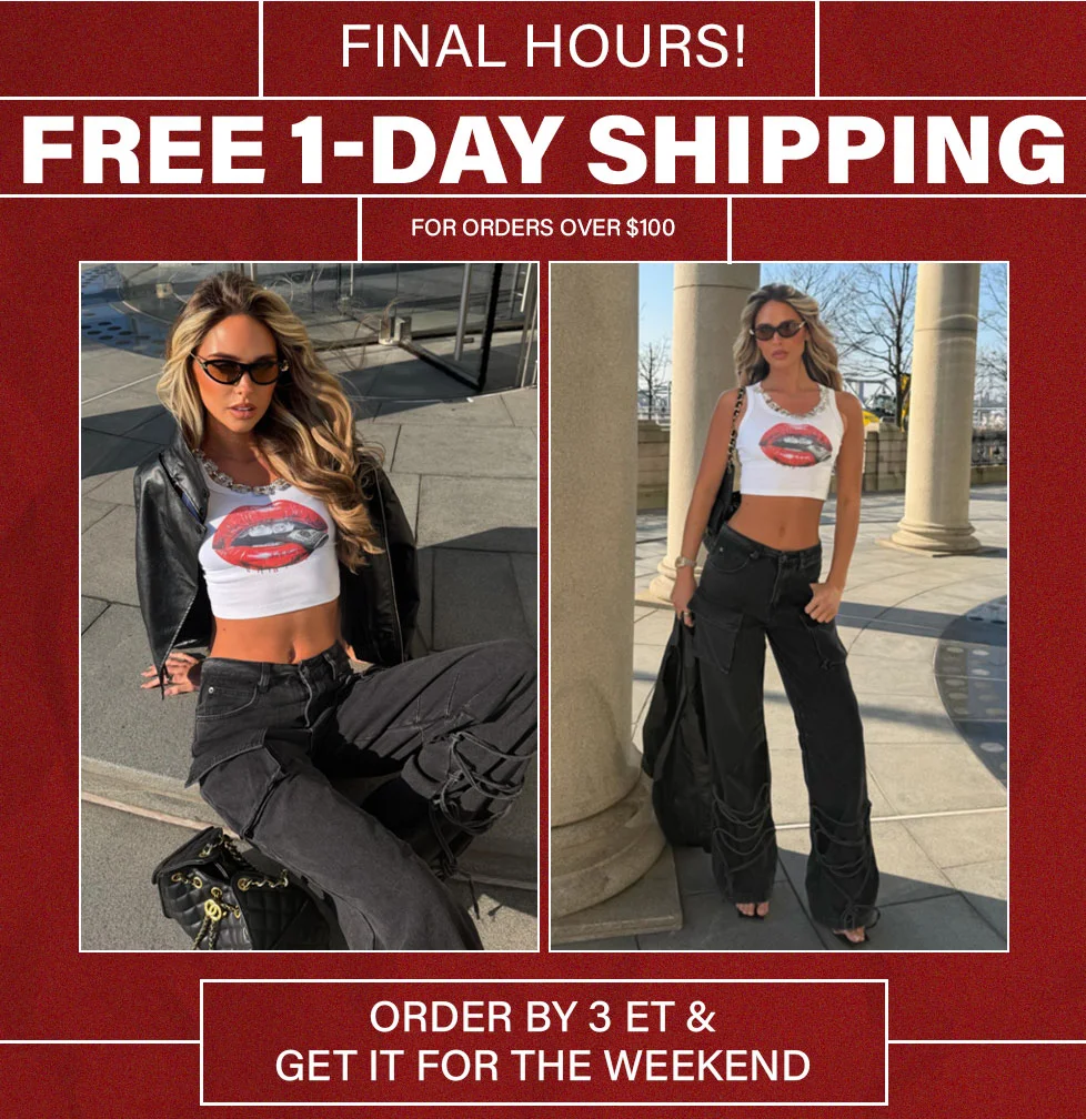 Two shots of woman in white red-lips crop top and black cargo pants. Final hours for free 1-day shipping on trendy streetwear for weekend delivery.
