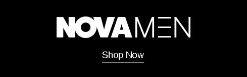 NOVA MEN logo in white on black background with 'Shop Now' call to action. Explore the latest in men's fashion and clothing today.
