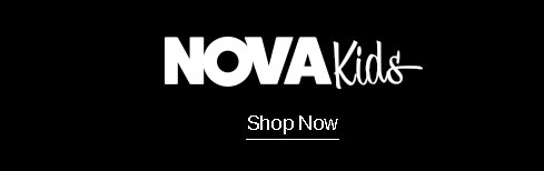 White NOVA Kids logo and "Shop Now" call to action on black. Discover the new collection of trendy kids' fashion.