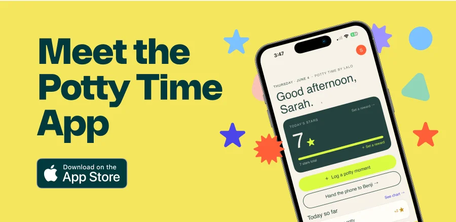 Meet the Potty Time App. Shown on a phone displaying the app's star chart. 'Download on the App Store' button.