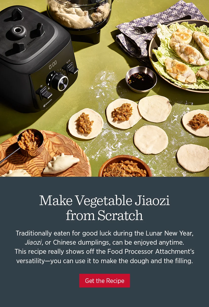Traditionally eaten for good luck during the Lunar New Year Jiaozi, or Chinese dumplings, can be enjoyed anytime. This recipe really shows off the Food Processor Attachment's versatility - you can use it to make the dough and the filling.