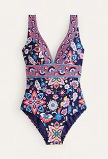 Porto V-neck Swimsuit - Mandarin Red, Botanical Sprig