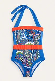 Santorini Halterneck Swimsuit - Blue, Foliage Paisley