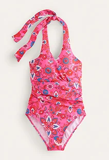Levanzo Ruched Halter Swimsuit - Pink, Botanical Wave