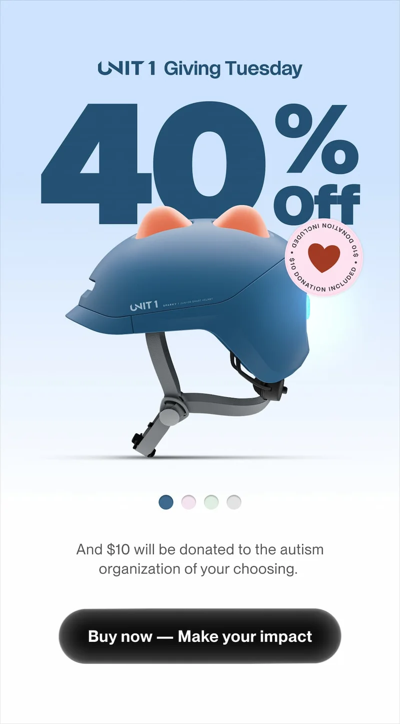 UNIT 1 SPARKY helmet displayed with a 40 percent off Giving Tuesday offer and a note that ten dollars will be donated to the autism organization of the customer’s choice.