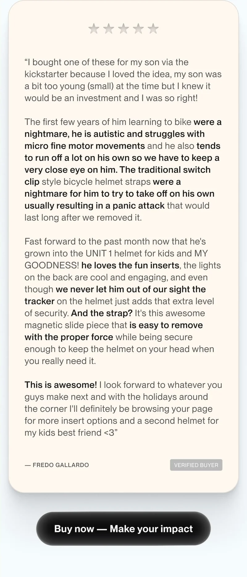 Customer testimonial describing how the SPARKY helmet helped their autistic child ride safely and comfortably, highlighted for Giving Tuesday.