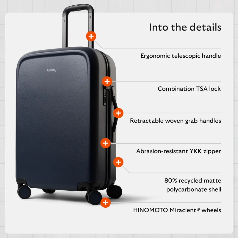 Subhead Into the details Feature 1 Ergonomic telescopic handle Feature 2 Combination TSA lock Feature 3 Retractable woven grab handles Feature 4 HINOMOTO Miraclent® wheels Feature 5 Abrasion-resistant YKK zipper Feature 6 80% recycled matte polycarbonate shell