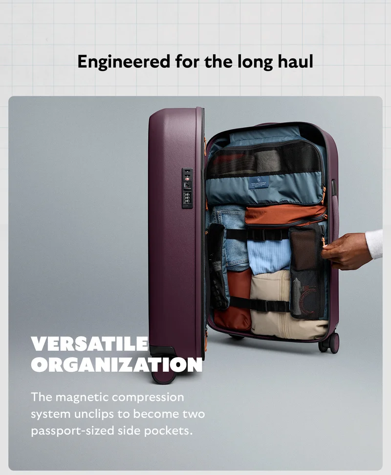 Head Engineered for the long haul Feature 1 Versatile organization Body The magnetic compression system unclips to become two passport-sized side pockets.