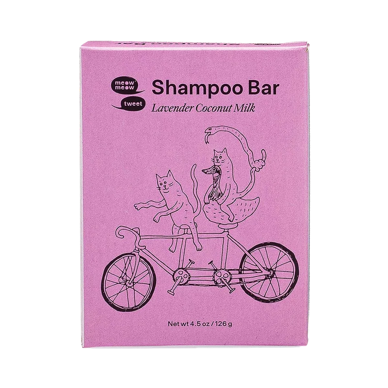A purple box with a cat and a goose riding a tandem bike