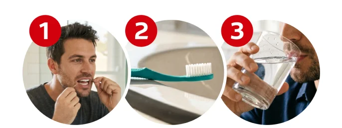 Three images shown inside a circle graphic with numbers 1-3 above them. First image is a man flossing, following by a close up of a toothbrush on a sink counter, and a man rinsing his mouth with a glass of water.
