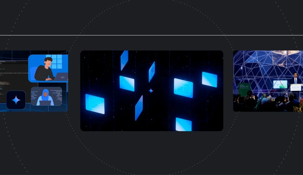 Dark background with three panels: people on screens, blue squares, and a speaker addressing an audience.