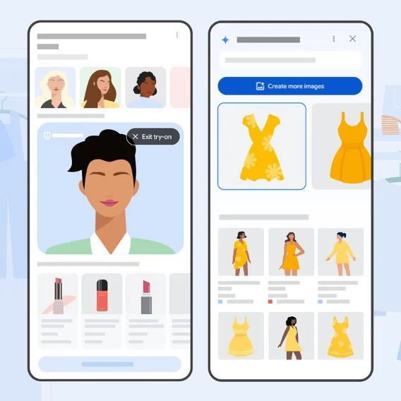Two phone screens showing a digital try-on interface. The left screen shows a person's face with a 'Exit try-on' button, and the right screen displays various yellow dress options with a 'Create more images' button.