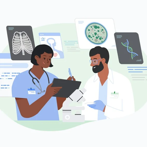 Illustration of medical professionals, one with a short-sleeved top and the other with a white coat, review information on a tablet in a medical setting with images of x-rays and cells in the background.
