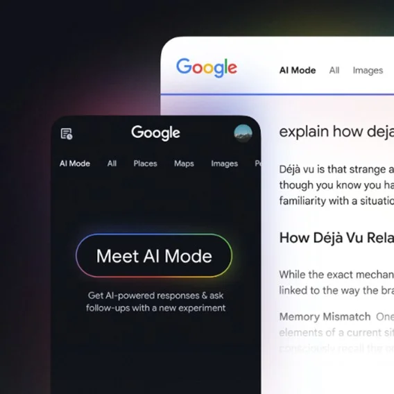 Two phone screens showing a Google search interface with 'Meet AI Mode' and text about déjà vu.