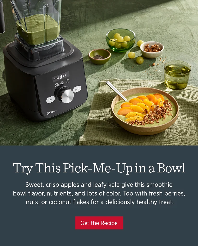 Try this pick-me-up in a bowl! Sweet, crisp apples and leafy kale give this smoothie bowl flavor, nutrients, and lots of color. Top with fresh berries, nuts, or coconut flakes for a deliciously healthy treat,