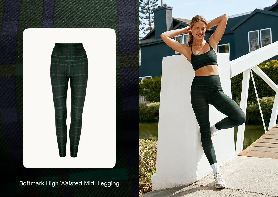 SoftMark High Waisted Midi Legging in Dark Olive Preppy Plaid