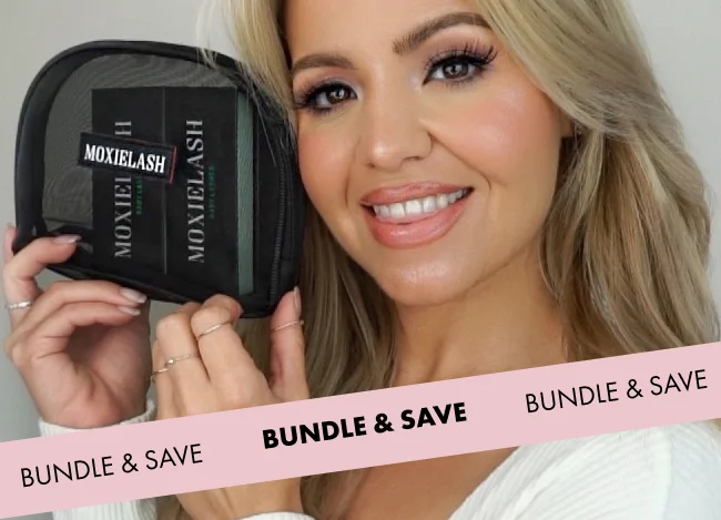 Image of a woman holding MoxieLash lash kit bag with bundled lash products