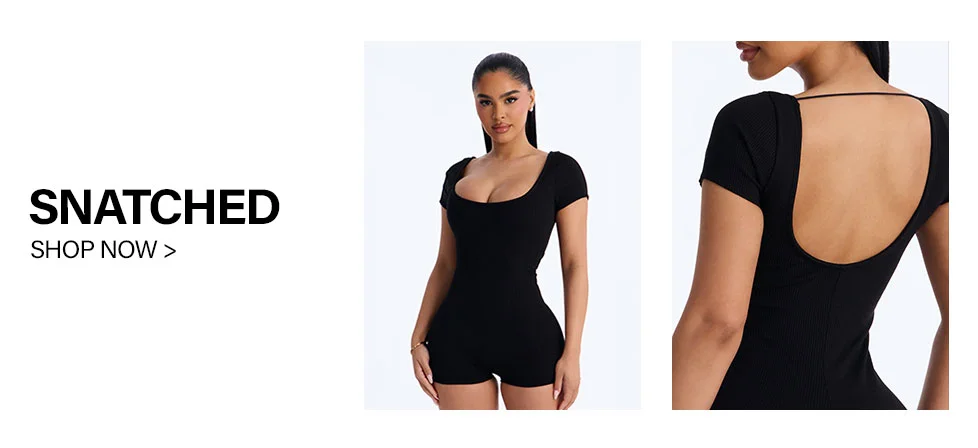 Woman models a black ribbed bodycon romper with scoop neck, shown front and back with a low-cut back. Shop this figure-hugging one-piece.