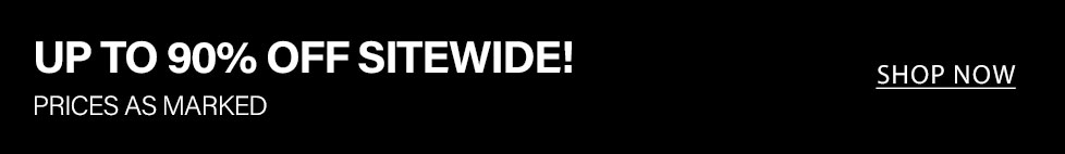 Black banner displays "UP TO 90% OFF SITEWIDE! PRICES AS MARKED" in bold white text. A "SHOP NOW" button promotes the discount sale.