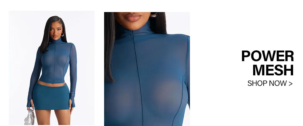 Model wears a teal Power Mesh long-sleeve top and skirt, highlighting the sheer, form-fitting fabric. Shop the new Power Mesh collection now.