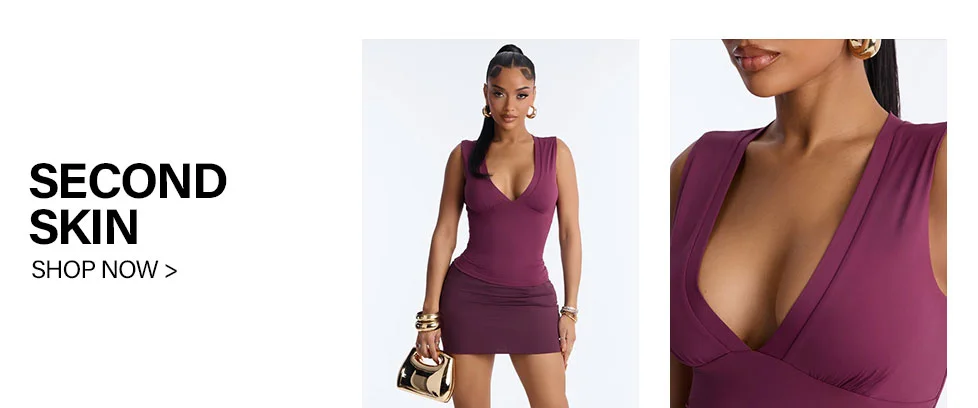 Maroon bodycon second skin plunge top and mini skirt on a model, with a close-up, promoting the Second Skin collection.