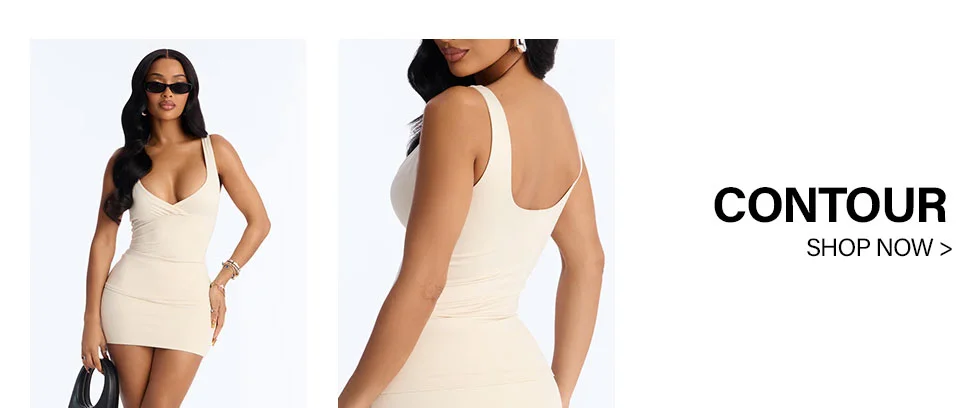 Model poses in a form-fitting cream contour mini dress, showing front and back views. Explore the new Contour collection for flattering styles.
