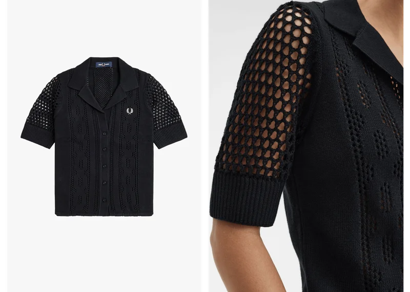 Texture - women's open knit weave shirt in black