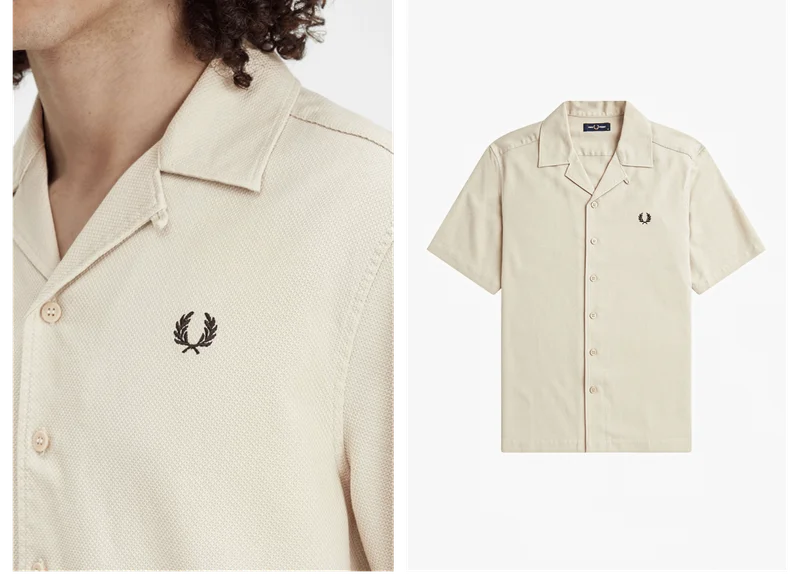 Texture - men's cotton pique beige revere collared shirt