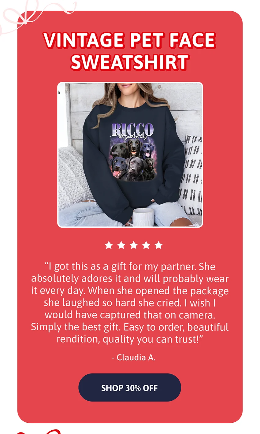 Vintage Pet Face Sweatshirt. I got this as a gift for my partner. She absolutely adores it and will probably wear it every day. When she opened the package she laughed so hard she cried. I wish I would have captured that on camera. Simply the best gift. Easy to order, beautiful rendition, quality you can trust! - Claudia A.