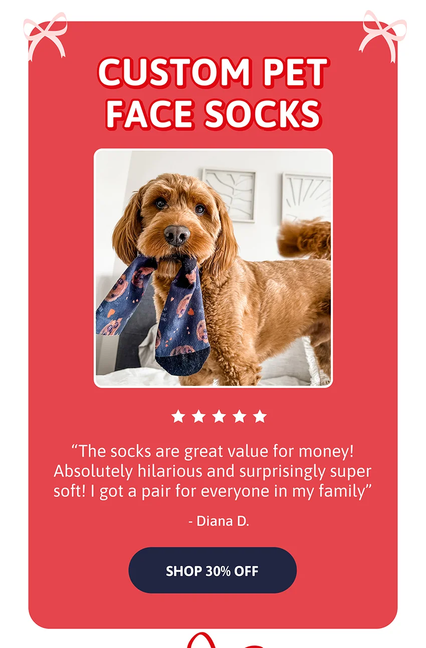 Pet Face Socks. The socks are great value for money! Absolutely hilarious and surprisingly super soft! I got a pair for everyone in my family" - Diana D.