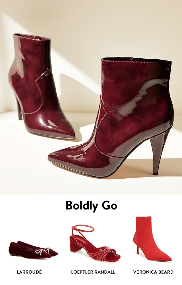 Booties, flats and sandals in various shades of red.