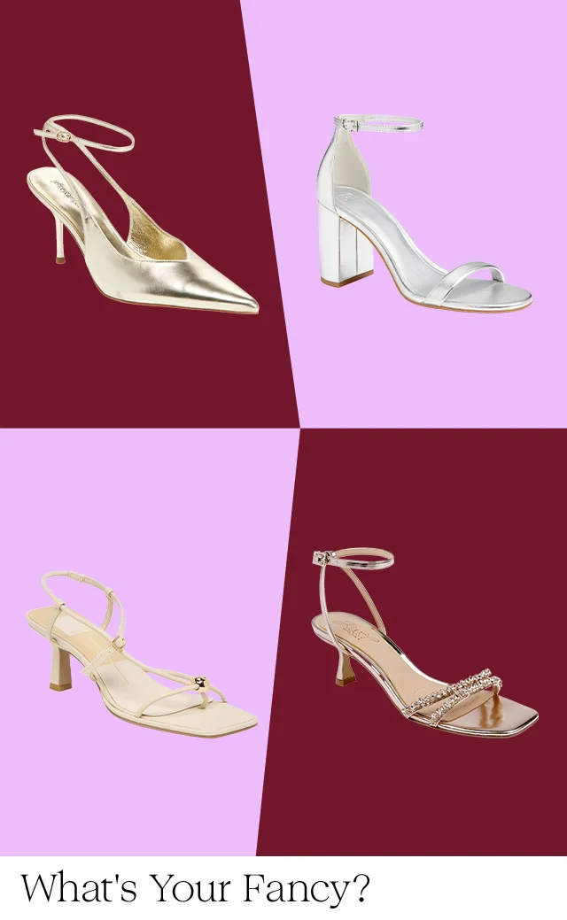 A gold pump, silver sandal, cream sandal and rose gold sandal.