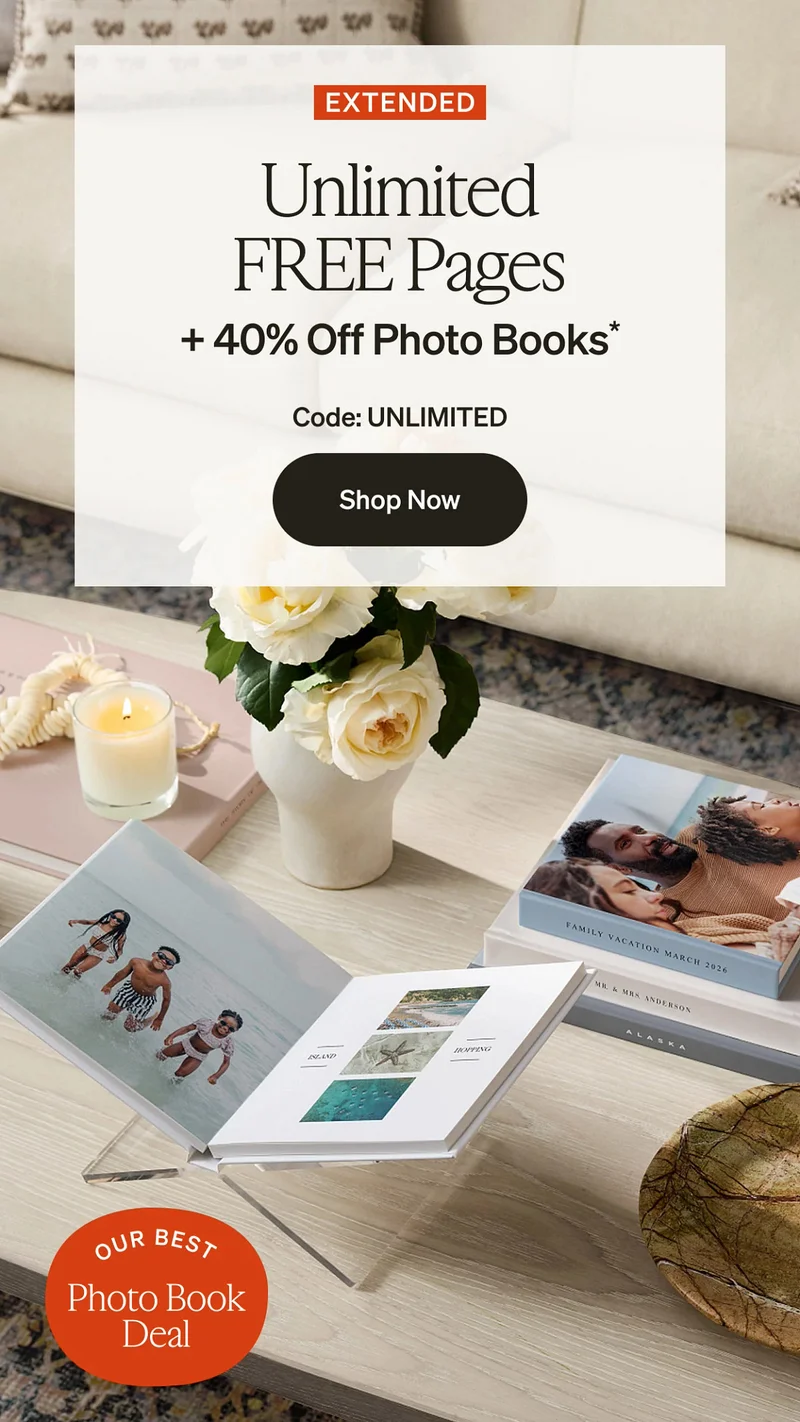 Unlimited Free Pages + 40% Off Photo Books