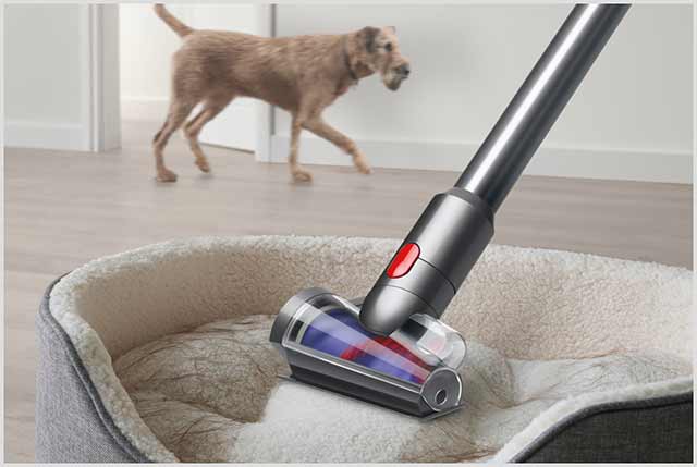 The hair screw tool vacuuming pet hair off of a pet bed