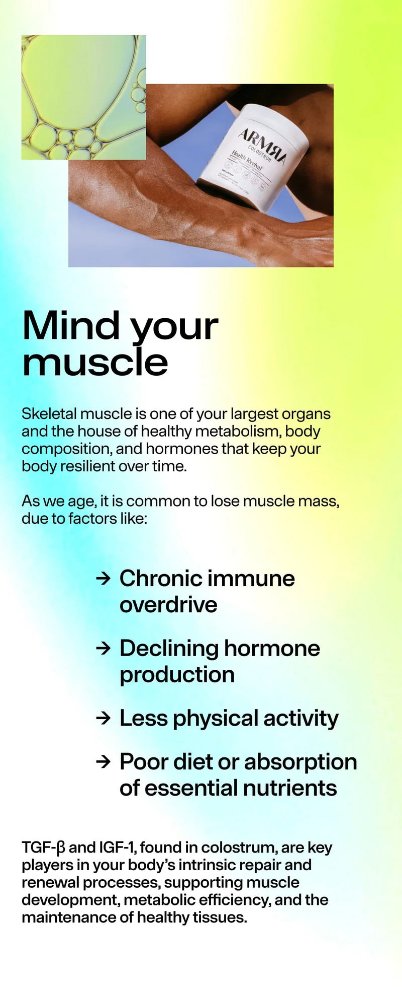 Mind your muscle. Skeletal muscle is one of your largest organs and key to metabolism and hormones. As we age, muscle loss may occur due to chronic immune overdrive, declining hormone production, less activity, and poor nutrient absorption.