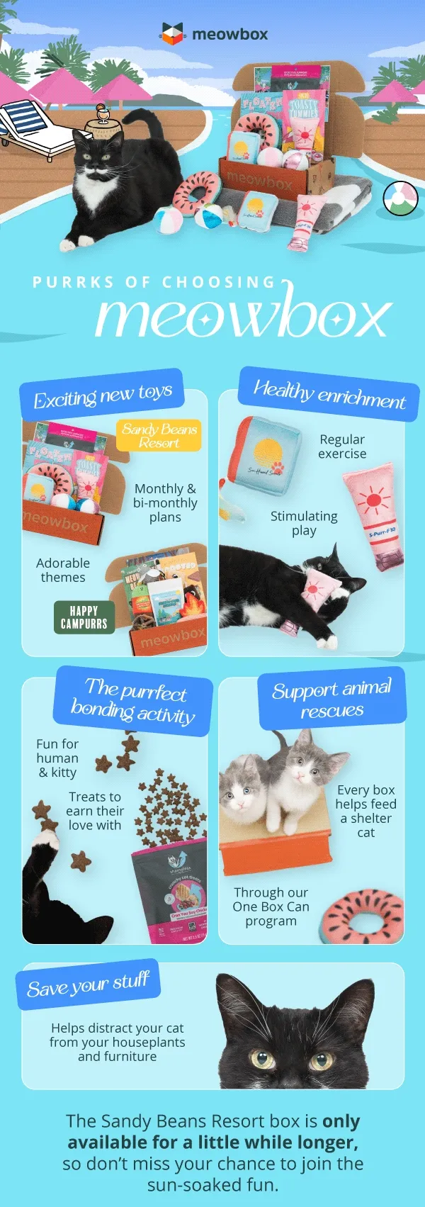 **Purrks of choosing meowbox**  **Exciting new toys**  Sandy Beans Resort - Monthly and bi-monthly plans - Adorable themes Happy Campurrs  **Healthy enrichment**  - Regular exercise - Stimulating play  **The purrfect bonding activity**  - Fun for human and kitty - Treats to earn their love with  **Support animal rescues**  - Every box helps feed a shelter cat  - Through our OneBoxCan program **Save your stuff**  - Helps distract your cat from your houseplants and furniture. The Sandy Beans Resort box is only available for a little while longer, so don’t miss your chance to join the sun-soaked fun.