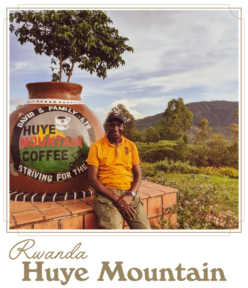 Coffee producer David Rubanganzabo sits smiling beside a large painted clay vessel labeled “Huye Mountain Coffee” in Rwanda, with lush greenery, flowering plants, and rolling hills in the background. Text below reads “Rwanda Huye Mountain.”