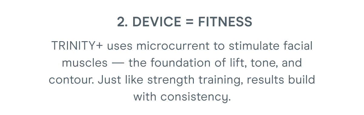 2. Device = Fitness: TRINITY+ uses microcurrent to stimulate facial muscles — the foundation of lift, tone, and contour. Just like strength training, results build with consistency.
