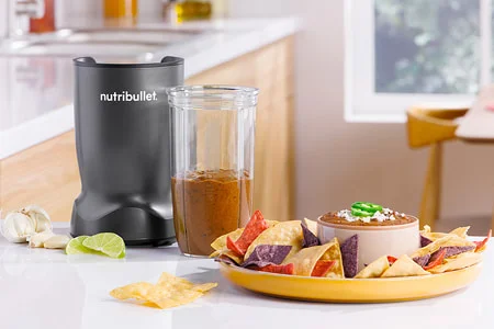 Black bean dip prepared with an immersion blender and served with tortilla chips