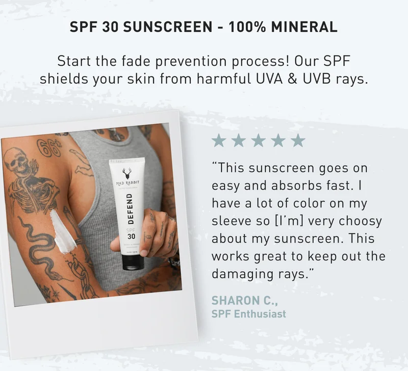 SPF 30 Sunscreen - 100% Mineral | Start the fade prevention process! Our SPF shields your skin from harmful UVA & UVB rays.