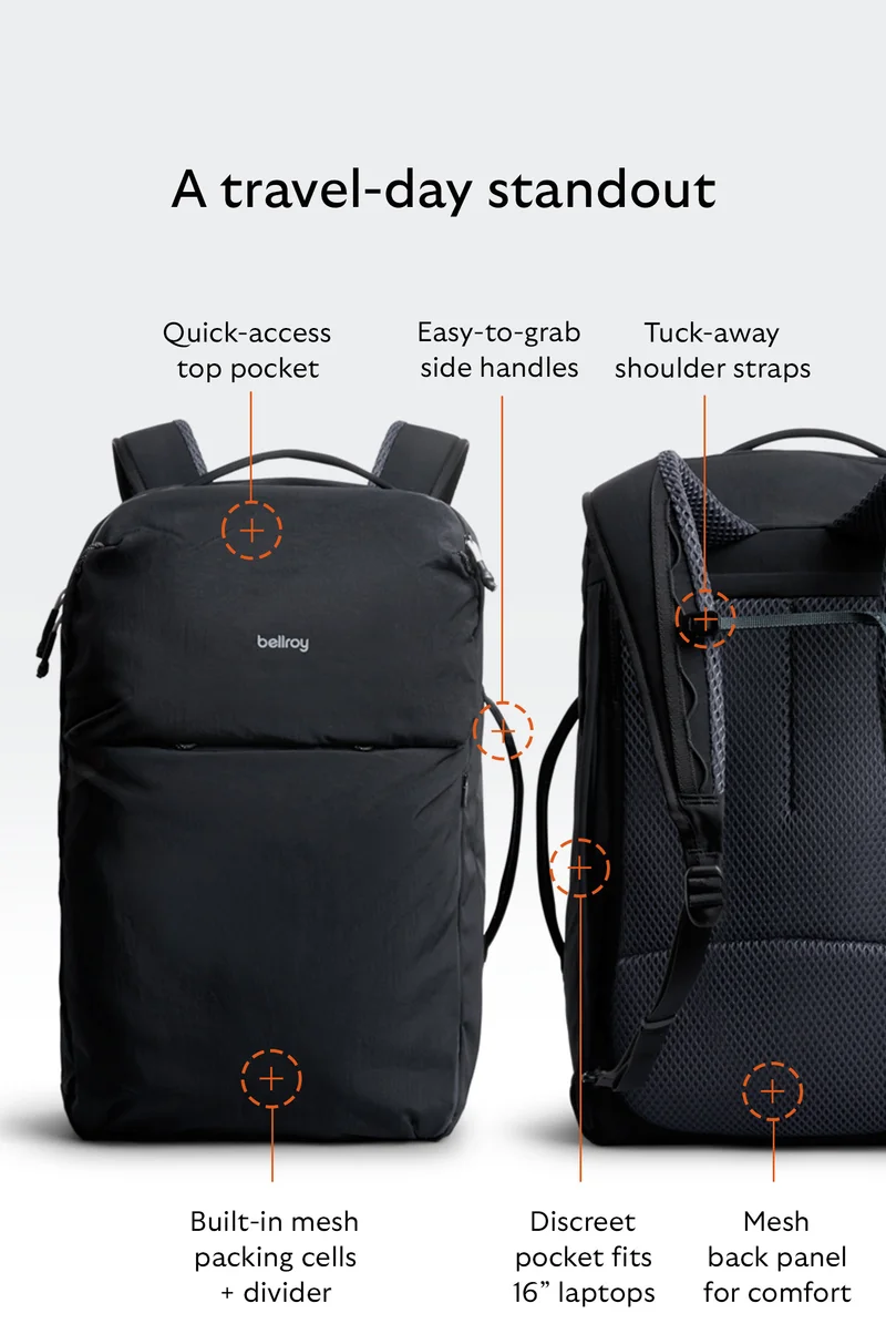 100% recycled nylon fabric Quick-access top pocket Easy-to-grab side handles Tuck-away shoulder straps Built-in mesh packing cells + divider Discreet pocket fits 16” laptops Mesh back panel for comfort