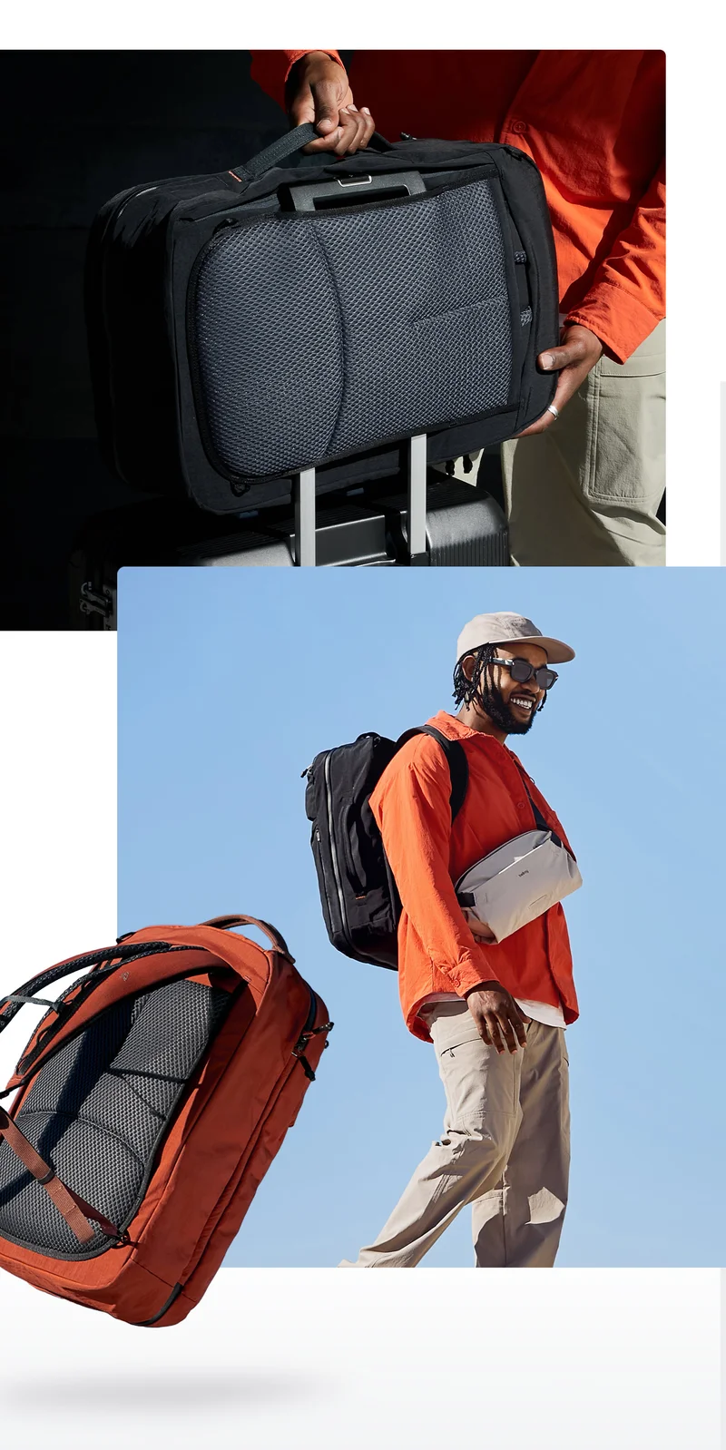 100% recycled nylon fabric Quick-access top pocket Easy-to-grab side handles Tuck-away shoulder straps Built-in mesh packing cells + divider Discreet pocket fits 16” laptops Mesh back panel for comfort
