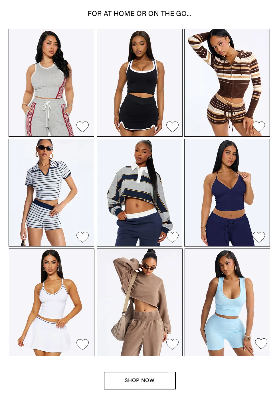 Shop women's casual two-piece sets: crop tops, shorts, skirts, sweatpants. Versatile loungewear & athleisure outfits for home or travel.