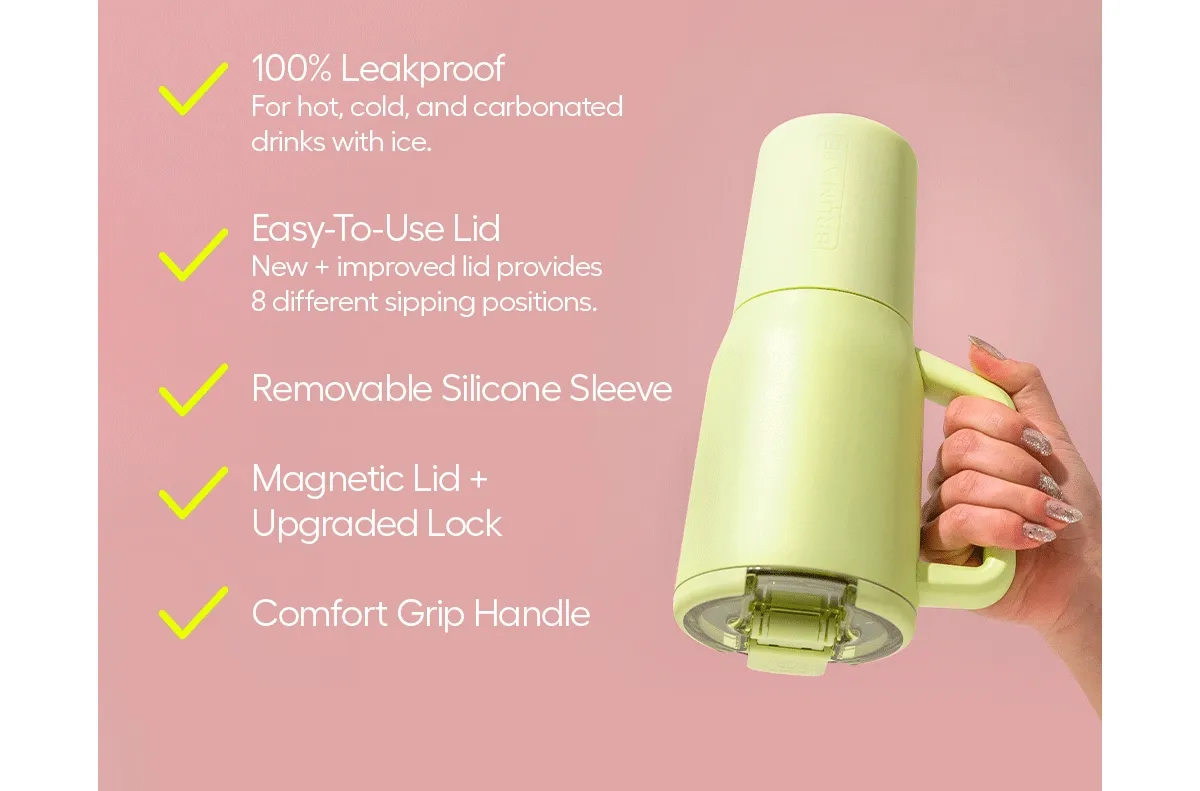 ✓100% Leakproof for hot, cold, and carbonated drinks with ice. ✓Easy-To-Use Lid new + improved lid provides 8 different sipping positions. ✓Removable Silicone Sleeve ✓ Magnetic Lid + Upgraded Lock ✓ Comfort Grip Handle