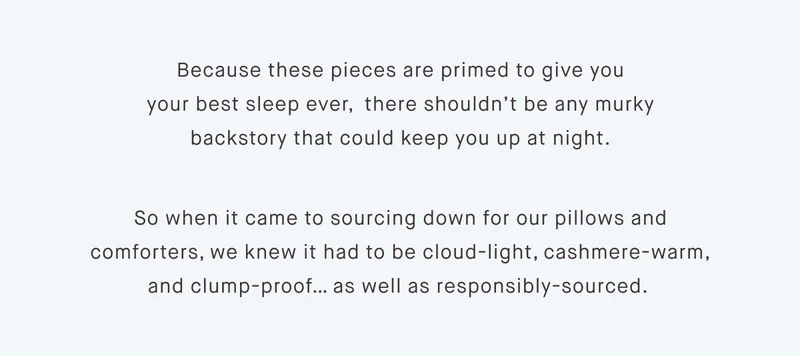 Because these pieces are primed to give you your best sleep ever,  there shouldn’t be any murky backstory that could keep you up at night. So when it came to sourcing down for our pillows and comforters, we knew it had to be cloud-light, cashmere-warm, and clump-proof… as well as responsibly-sourced.