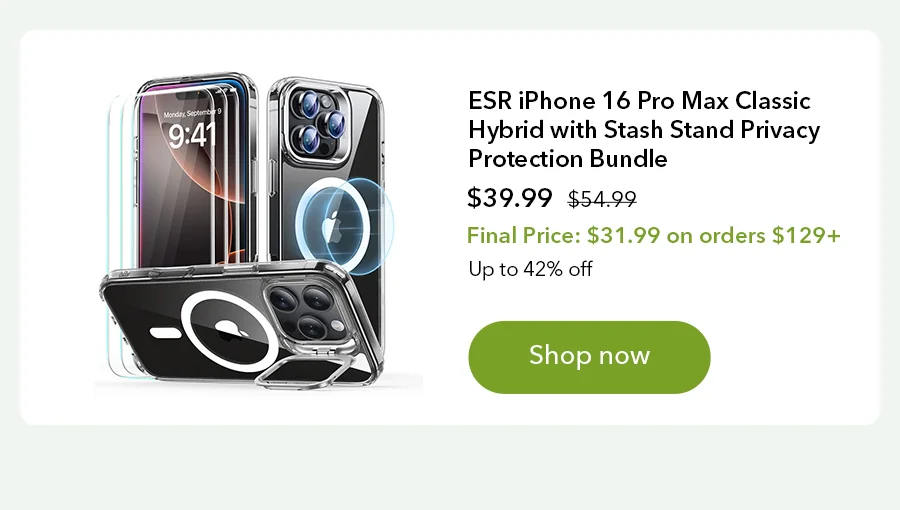 ESR iPhone 16 Pro Max Classic Hybrid with Stash Stand Privacy Protection Bundle