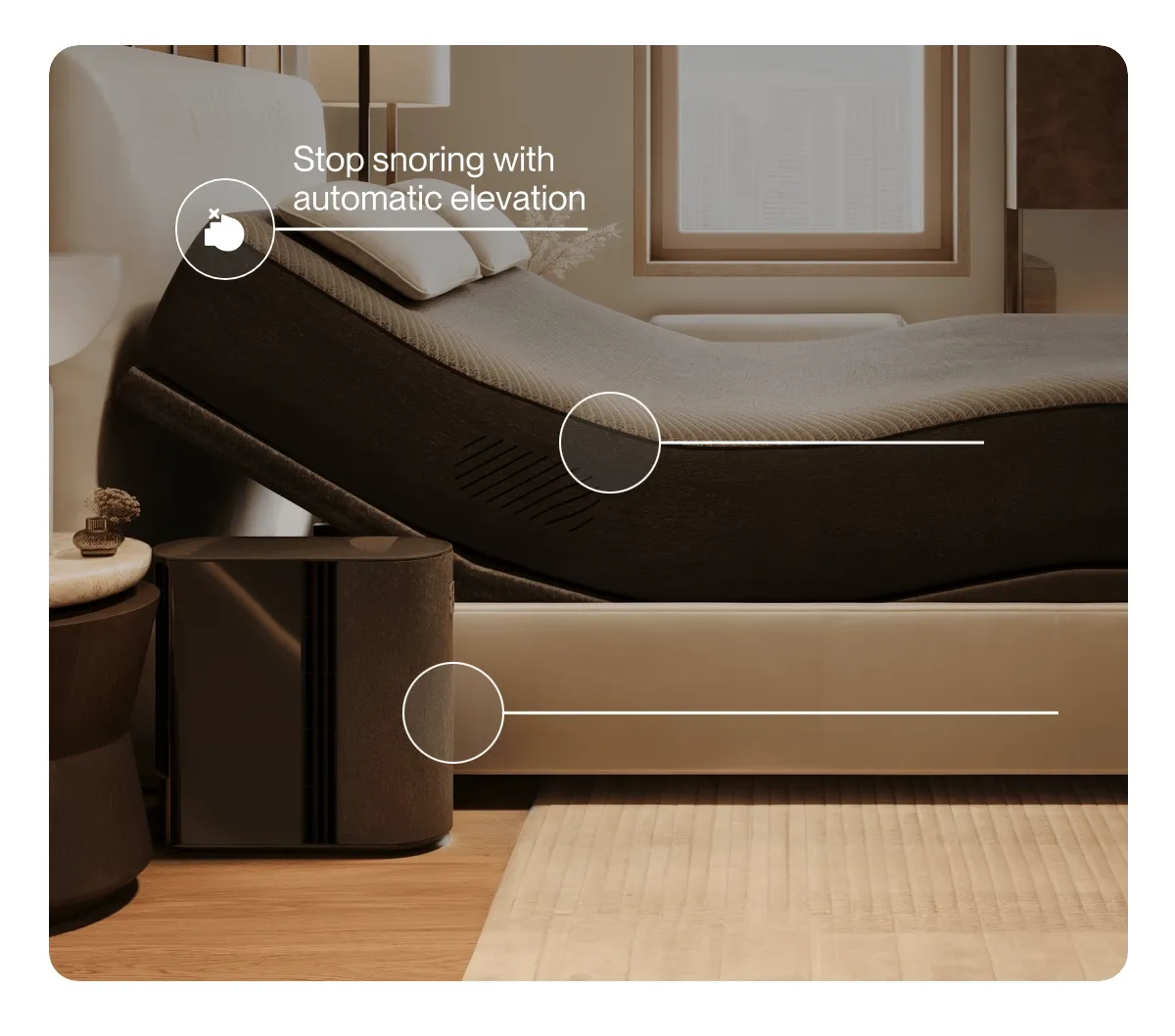 Stop snoring with automatic elevation | Tap to cool, heat, elevate, and snooze