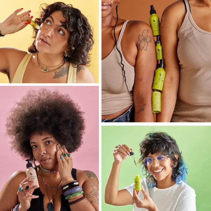 A collage of photos of different people against different colored backdrops holding skincare products.