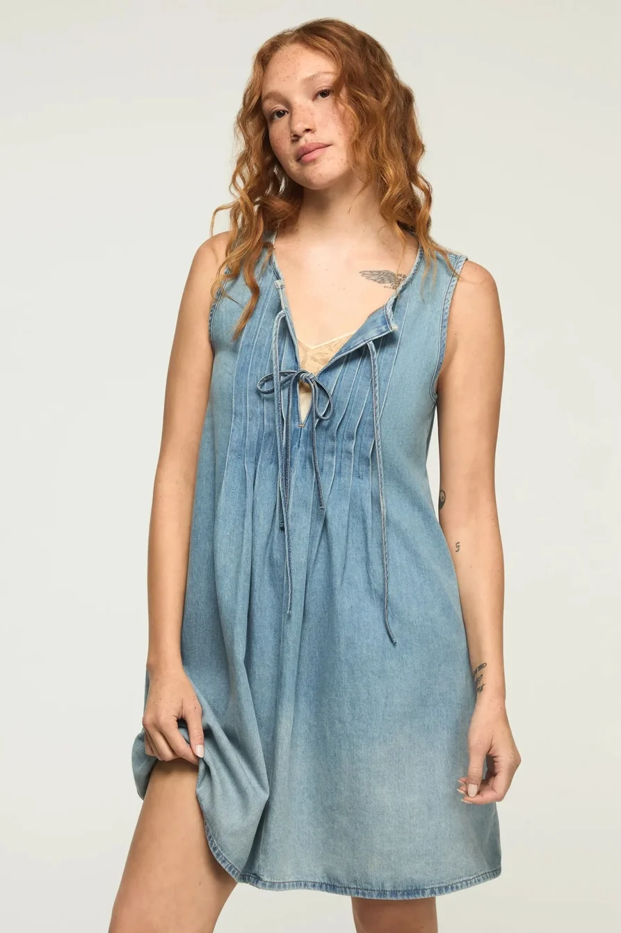 Image of Lucky Brand Pleated Denim Mini Dress - Women's Clothing Dresses Mini Dress in Nice Out Wash