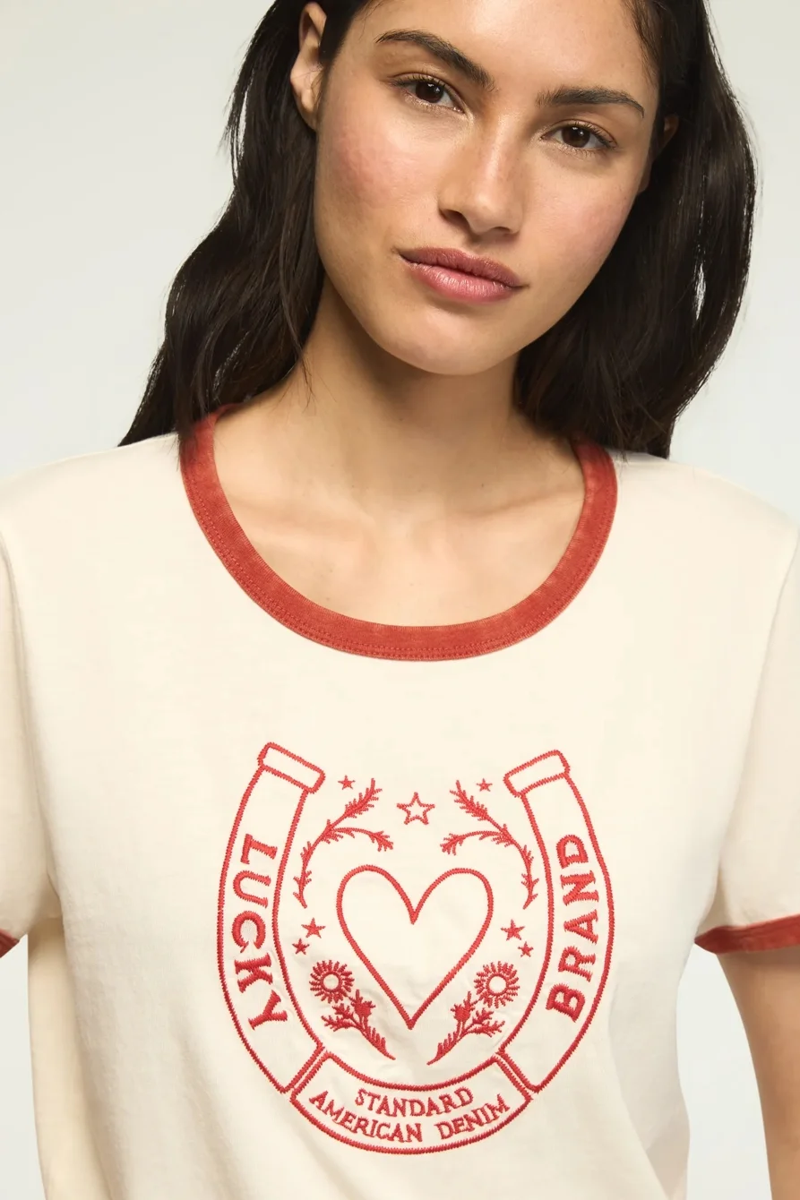 Image of Lucky Brand Horse Shoe Ringer Tee - Women's Clothing Tops Shirts Tee Graphic T Shirts in Gardenia